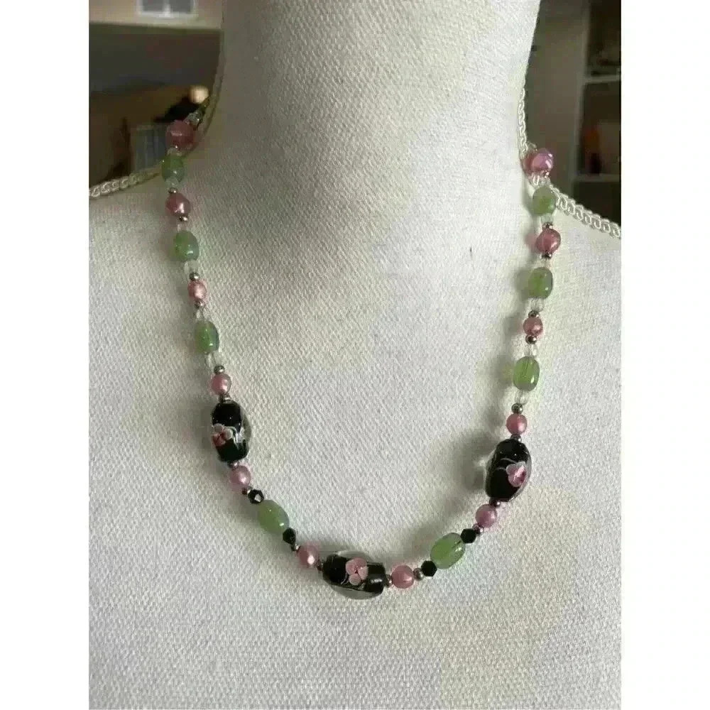 Beaded necklace painted beads dainty with toggle clasp